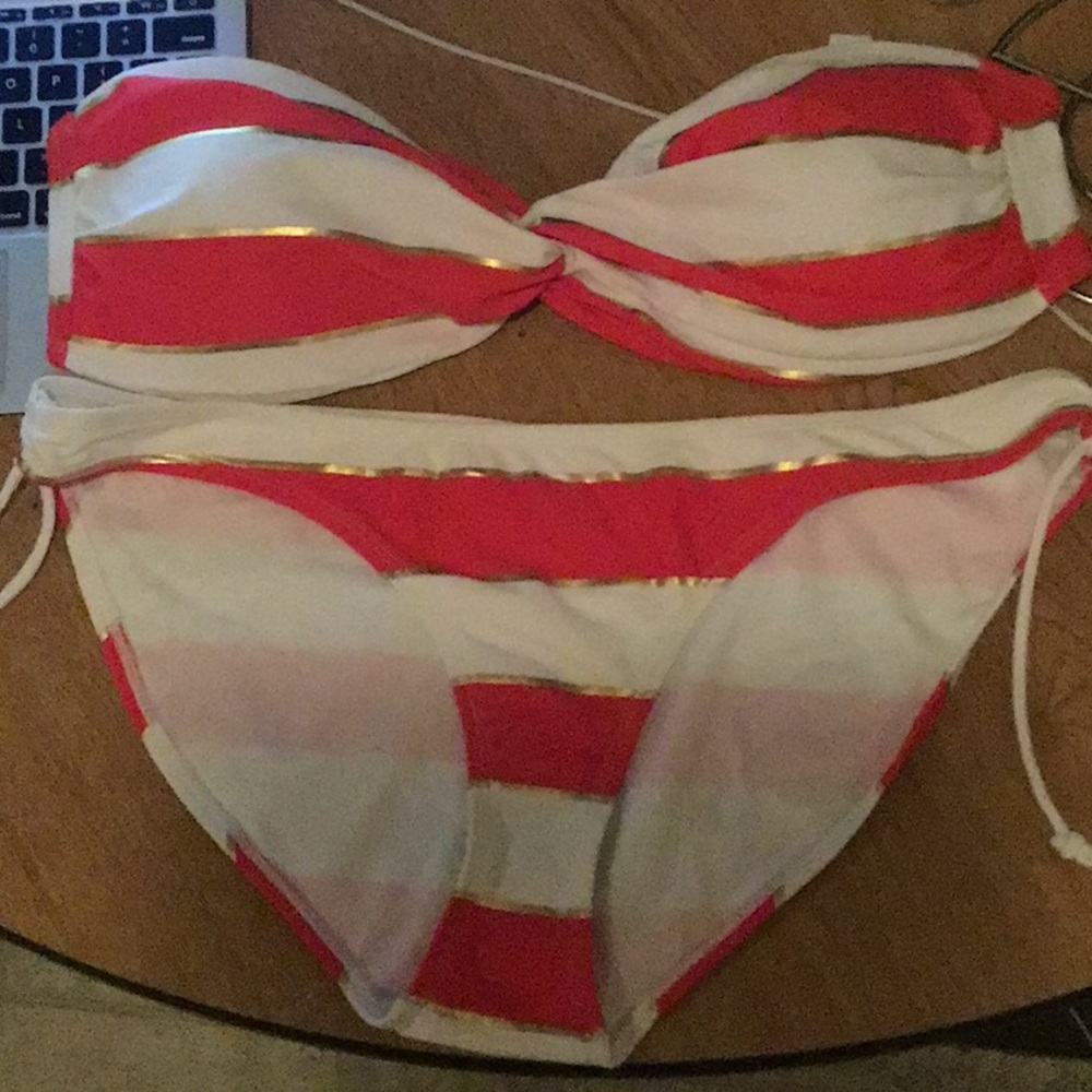 Red, White, and Gold Striped 2-Piece Bikini.